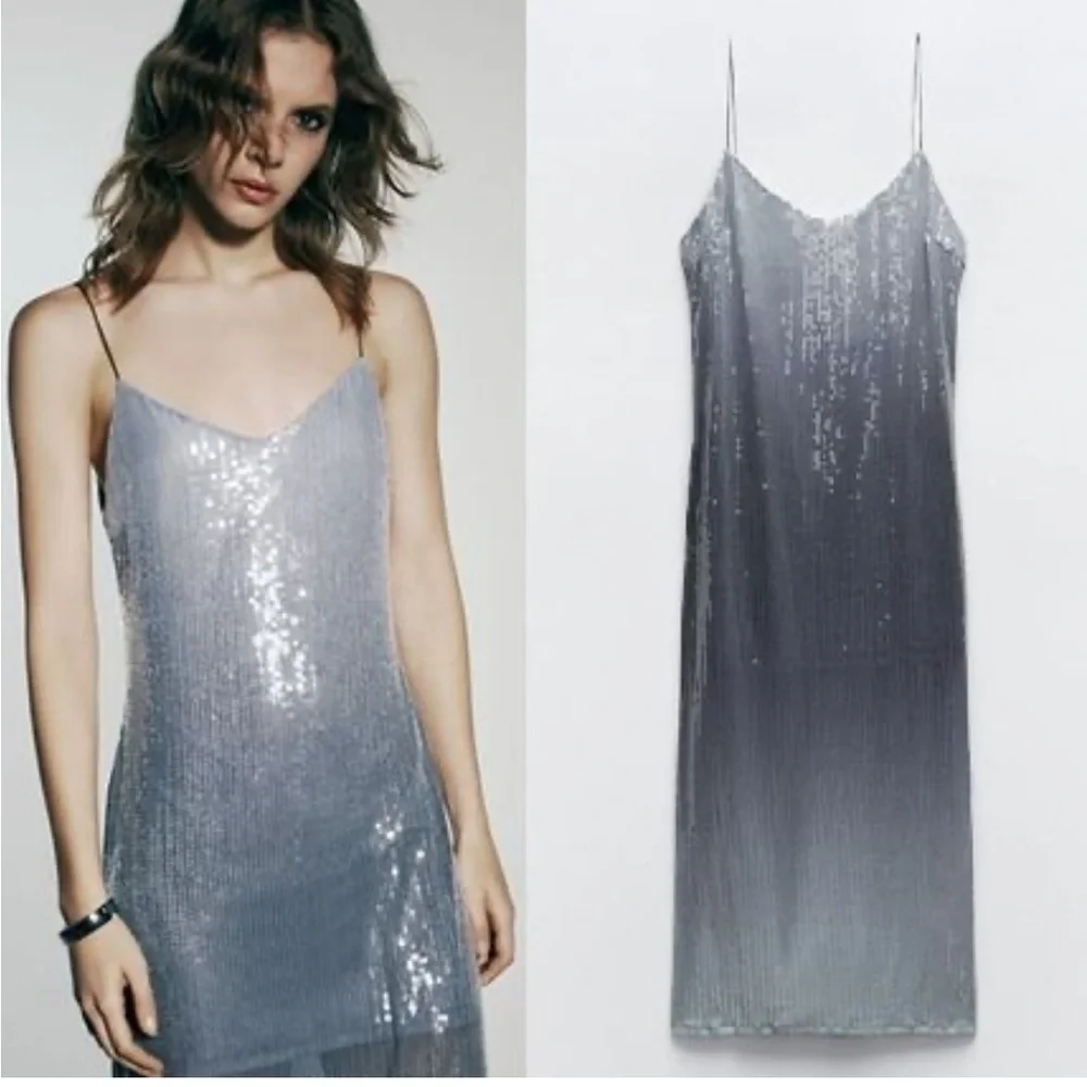 Zara NWT sequin midi dress silver - Picture 3 of 11